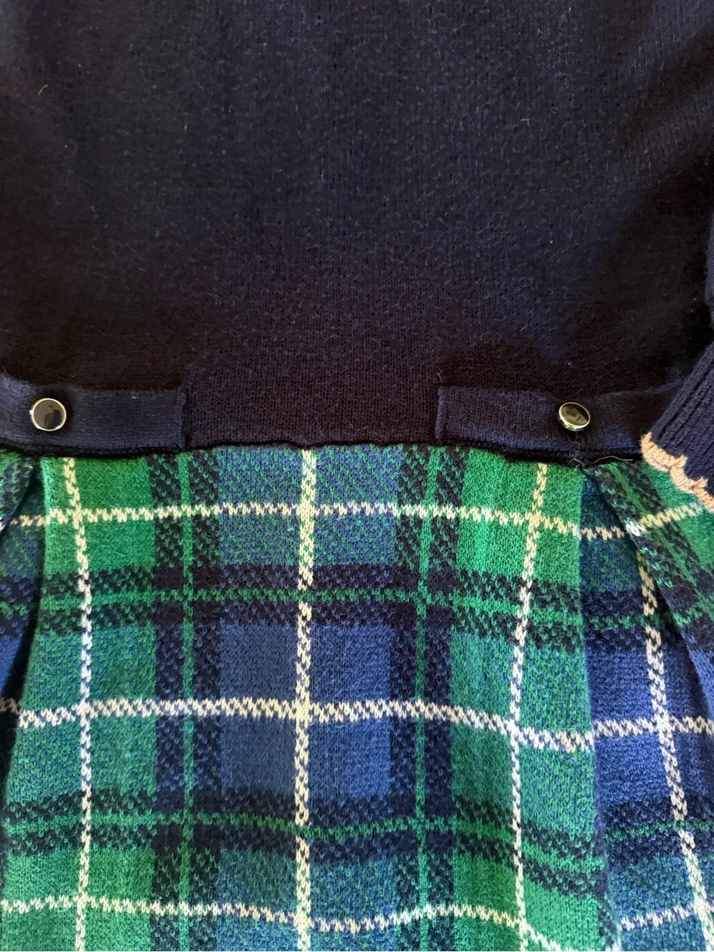 Janie and Jack Navy Mock-Neck Puff Sleeve Sweater with Green & Blue Plaid Skirt